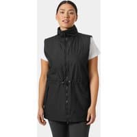 Black Helly Hansen women's spring vest, sleeveless with high collar, front zipper, and adjustable waist, size XS.