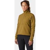 Brown Helly Hansen women's 1/2 zip pullover with high collar and long sleeves, worn by a model.