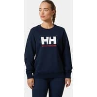 Navy Helly Hansen women's sweatshirt with white "HH" logo and red text on front, crew neck, long sleeves, size XS.