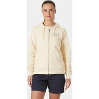 White Helly Hansen women’s full zip hoodie with HH logo on chest, drawstring hood, and ribbed cuffs, size L.