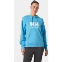 Blue Helly Hansen women’s hoodie with white HH logo on chest, drawstring hood, and ribbed cuffs, size M.