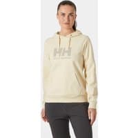 White Helly Hansen women's hoodie with HH logo on chest, drawstring hood, and front pocket, size L.