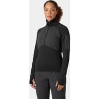Black Helly Hansen women's midlayer half zip with high collar, long sleeves, and thumbholes, size XL.