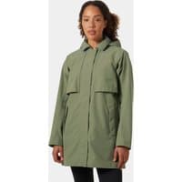 Green Helly Hansen Lilja raincoat for women, size L, with hood, front flap pockets, and button closure.