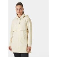 White Helly Hansen Lilja raincoat for women, size L, with hood, front zipper, and two side pockets.
