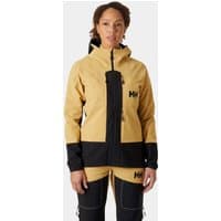 Beige Helly Hansen women's softshell jacket, black accents, front zipper, hooded, size XS.