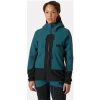 Green Helly Hansen women's softshell jacket, black accents, hooded, front zipper, medium size, worn by a model.