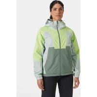 Green Helly Hansen women’s rain jacket, XS, with hood, zip front, and contrasting light green and gray panels.