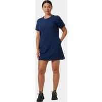 Blue Helly Hansen women’s short sleeve dress, knee-length, crew neck, with side pockets, size L.