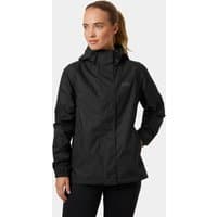 Black Helly Hansen women's rain jacket with hood, front zipper, and logo on chest, size M.