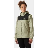 Green Helly Hansen women’s rain jacket, black chest panel, hooded, front zipper, size S.