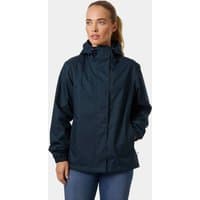 Navy Helly Hansen women's rain jacket with hood, front zipper, and adjustable cuffs, size S.