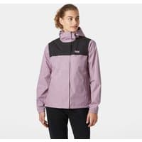 Purple Helly Hansen women’s rain jacket with black shoulders, hood, and front zipper, size L.