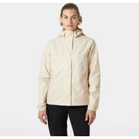 White Helly Hansen women's rain jacket with hood, front zipper, and adjustable cuffs, size XL.
