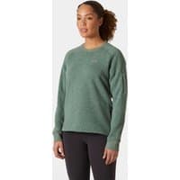 Green Helly Hansen women’s crewneck sweater, long sleeves, subtle logo on chest, medium size.