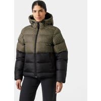 Brown Helly Hansen women's puffy jacket, lightweight, with hood, quilted design, and black lower section, size L.