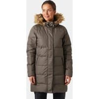 Green Helly Hansen women's long parka with faux fur hood, quilted design, and front zipper closure.