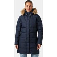Navy Helly Hansen women's long parka with fur-trimmed hood, quilted design, and front zipper closure.