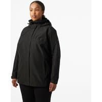 Black Helly Hansen women's Aden Plus jacket with hood, front zipper, and side pockets, size 2X.