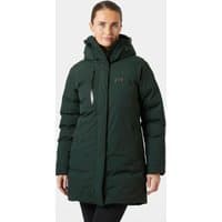 Green Helly Hansen women's parka with hood, front zipper, and chest pocket, size XL.