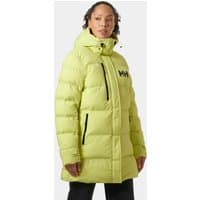 Green Helly Hansen women's puffy parka with hood, front zipper, and black logo on chest, size L.
