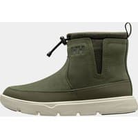 Green Helly Hansen women's lightweight winter boots, ankle-high with elastic side panels and a white sole.