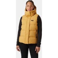 Beige Helly Hansen women's puffy vest, size L, with high collar and front zipper, featuring logo on chest.