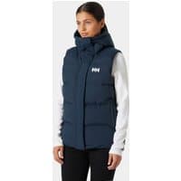 Navy Helly Hansen women's puffy vest, size S, with high collar and logo on chest.