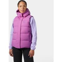 Pink Helly Hansen women's puffy vest with hood, quilted design, and front zipper, size M.