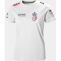 White Helly Hansen women's T-shirt with American Magic logos, sponsor patches, and XS size.