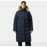 Navy Helly Hansen women's long parka with fur-trimmed hood, quilted design, and front zipper closure, size M.
