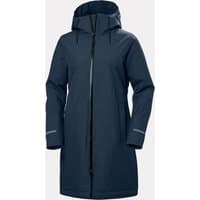 Navy Helly Hansen women's long hooded raincoat with full zipper, adjustable cuffs, and sleek design in size L.