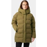 Brown Helly Hansen women's oversized puffy parka with high collar, quilted design, and front pockets, size XL.
