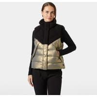 Brown Helly Hansen women's down vest, medium, with quilted pattern, high collar, and front zipper closure.