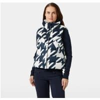 Navy Helly Hansen women's down vest with abstract white pattern, high collar, and front zipper, size M.