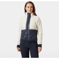 White Helly Hansen women's hybrid jacket with quilted navy lower half and high collar, size XL.