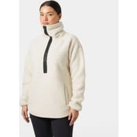 White Helly Hansen women's fleece with half-zip, high collar, and black zipper, size L.