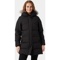 Black Helly Hansen women's puffy parka with faux fur hood trim, quilted design, and front zipper closure, size XL.