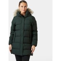Green Helly Hansen women's puffy parka with faux fur hood trim and quilted design, size S.