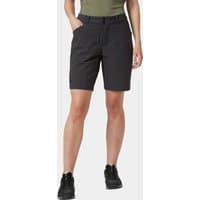 Grey Helly Hansen women's softshell shorts, mid-thigh length, with belt loops and side pockets, size M.