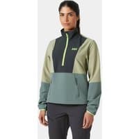 Green Helly Hansen women's anorak with half-zip, high collar, and color-block design in olive and dark green, size L.
