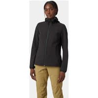 Black Helly Hansen women's jacket with hood, front zipper, and elastic cuffs, worn by a model.