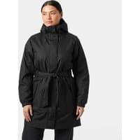 Black Helly Hansen insulated trench coat for women, size L, with hood, waist belt, and front pockets.