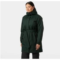 Green Helly Hansen women's insulated trench coat with hood, belt, and front zipper, size L.