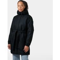 Navy insulated trench coat with hood, waist belt, and long sleeves, designed for women by Helly Hansen.
