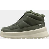 Green Helly Hansen women's Cora boots, size 7.5, with padded upper, faux fur lining, and chunky white sole.
