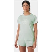 Green Helly Hansen Women's Core Graphic T-shirt 2.0, short sleeves, round neck, white logo on chest, size M.