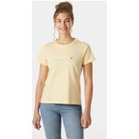 Yellow Helly Hansen Women's Core Graphic T-shirt 2.0, size S, with white logo text on chest, short sleeves, crew neck.