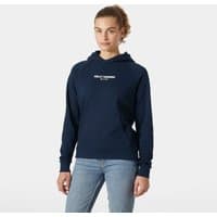 Navy Helly Hansen women's hoodie, size XS, with white logo on chest, drawstring hood, and ribbed cuffs.