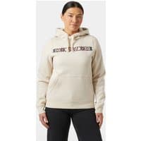 Beige Helly Hansen women's hoodie with front pocket, drawstring hood, and patterned chest design.